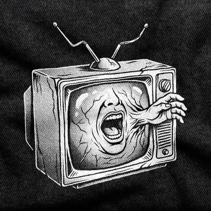 Videodrome design printed on a black cotton tee, close-up