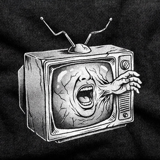 Videodrome design printed on a black cotton tee, close-up