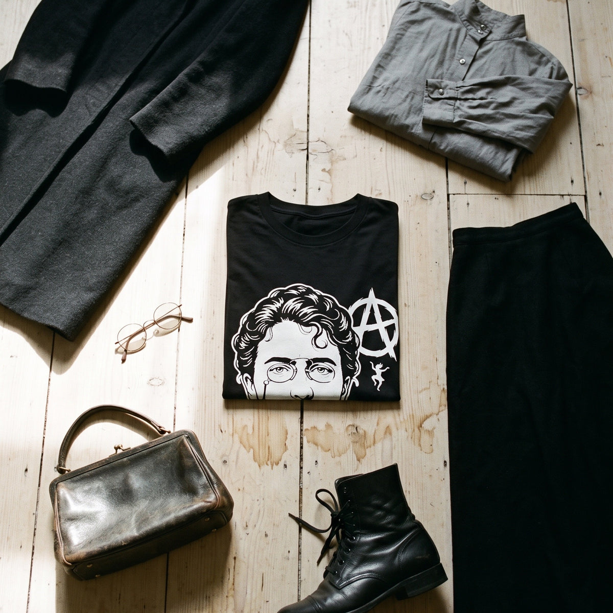 Emma Goldman black graphic tee styled in a flat lay with matching pieces