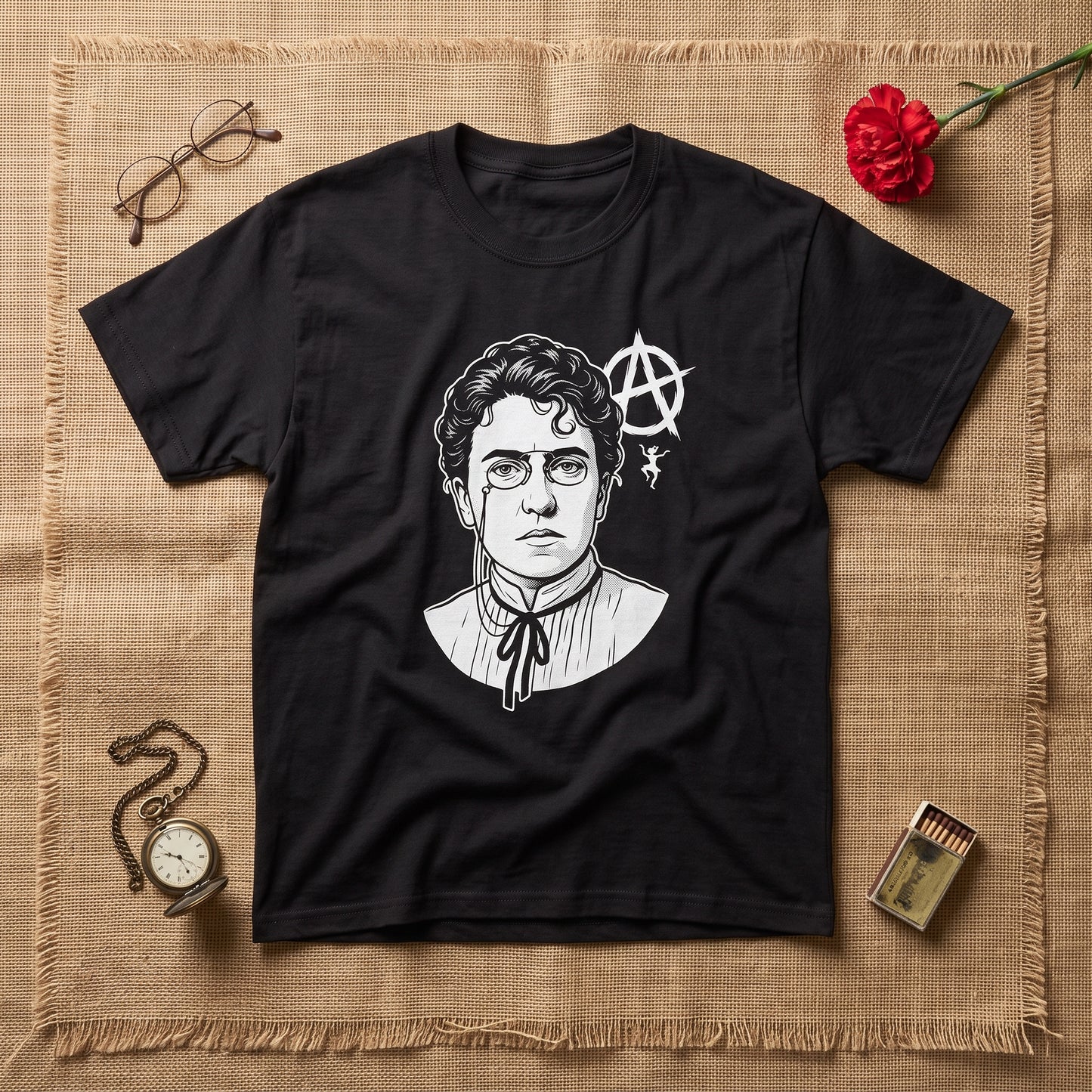 Emma Goldman black graphic tee, styled flat lay