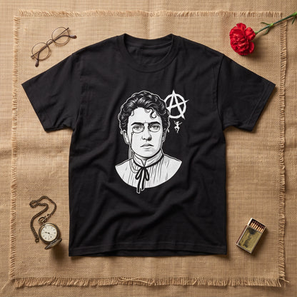 Emma Goldman black graphic tee, styled flat lay
