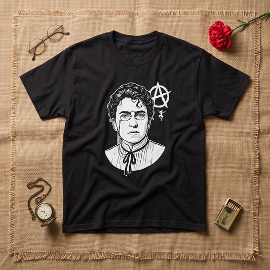 Emma Goldman black graphic tee, styled flat lay