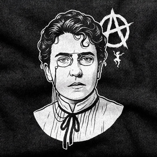 Emma Goldman design printed on a black cotton tee, close-up