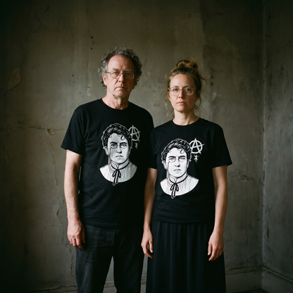 Two models wearing the Emma Goldman black graphic tee