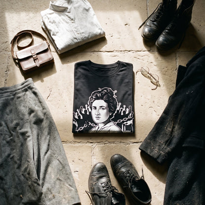Rosa Luxemburg black graphic tee styled in a flat lay with matching pieces