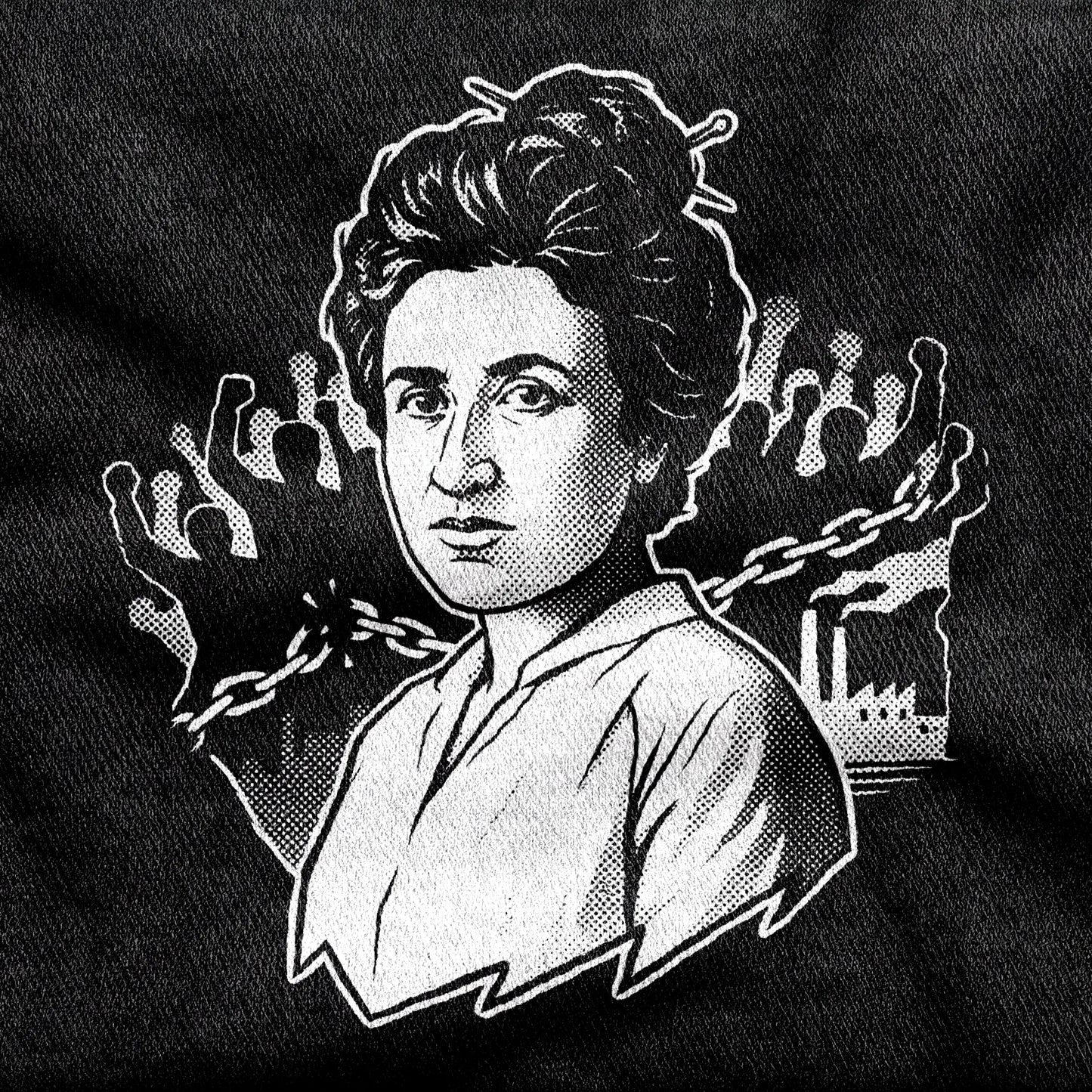 Rosa Luxemburg design printed on a black cotton tee, close-up