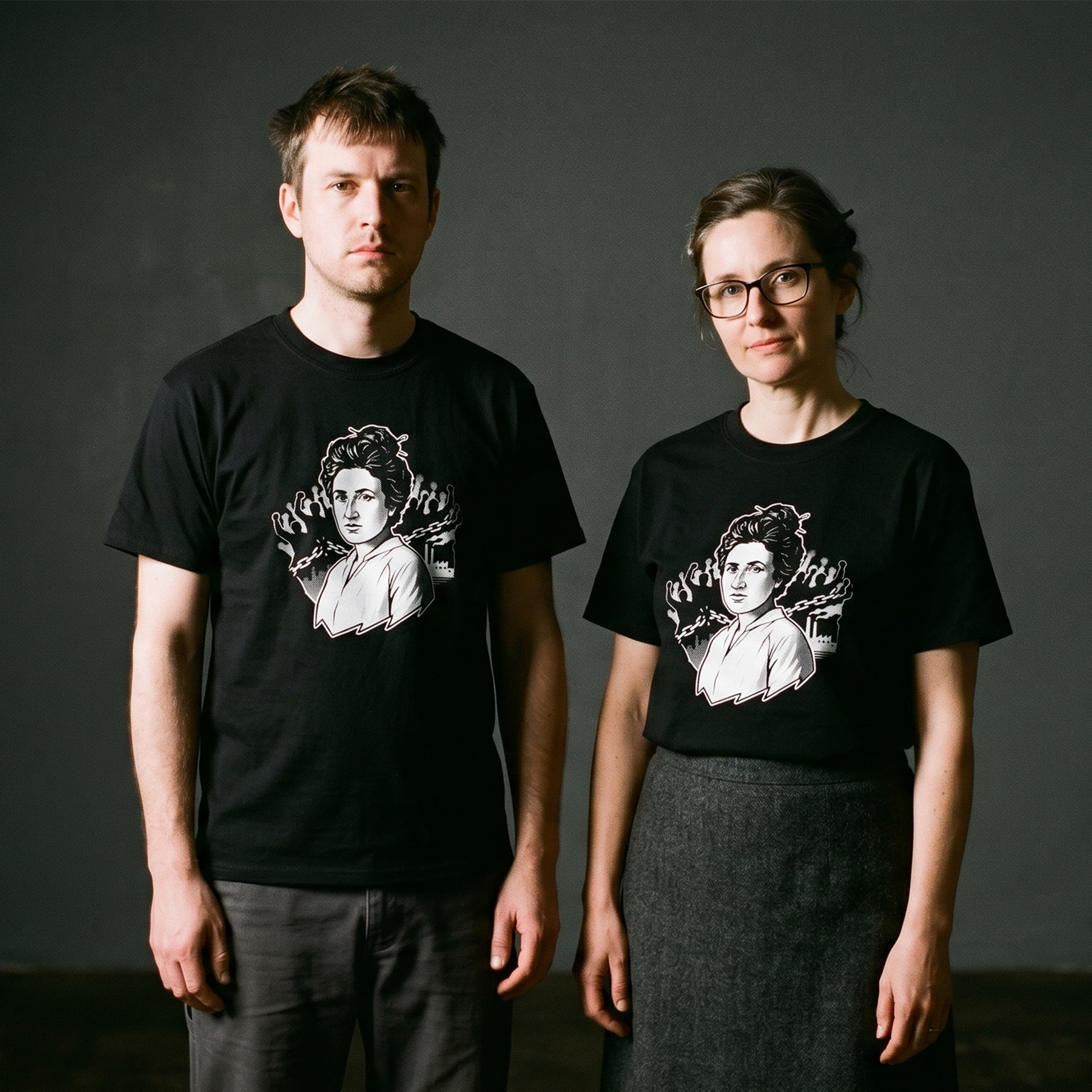 Two models wearing the Rosa Luxemburg black graphic tee