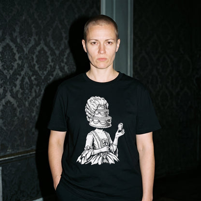 Woman wearing the Marie Antoinette black graphic tee