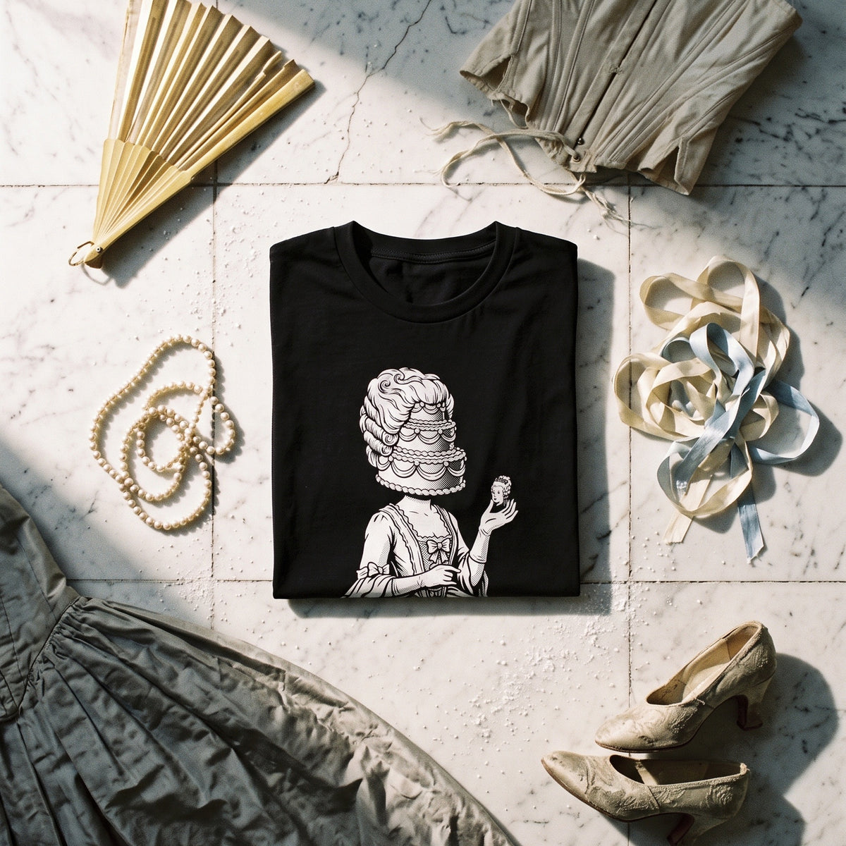 Marie Antoinette black graphic tee styled in a flat lay with matching pieces
