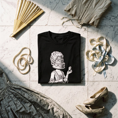 Marie Antoinette black graphic tee styled in a flat lay with matching pieces