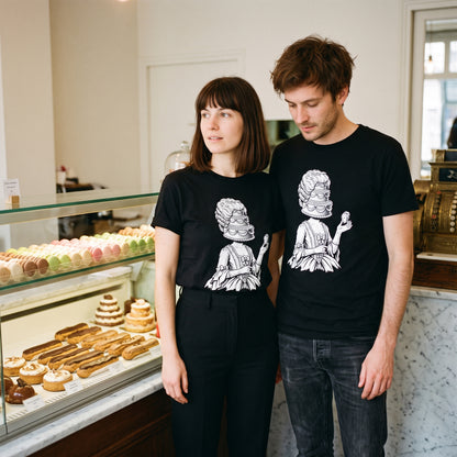 Two models wearing the Marie Antoinette black graphic tee