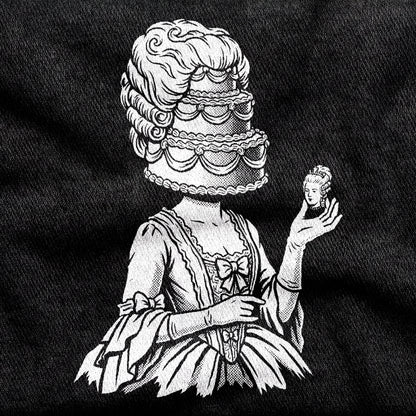 Marie Antoinette design printed on a black cotton tee, close-up