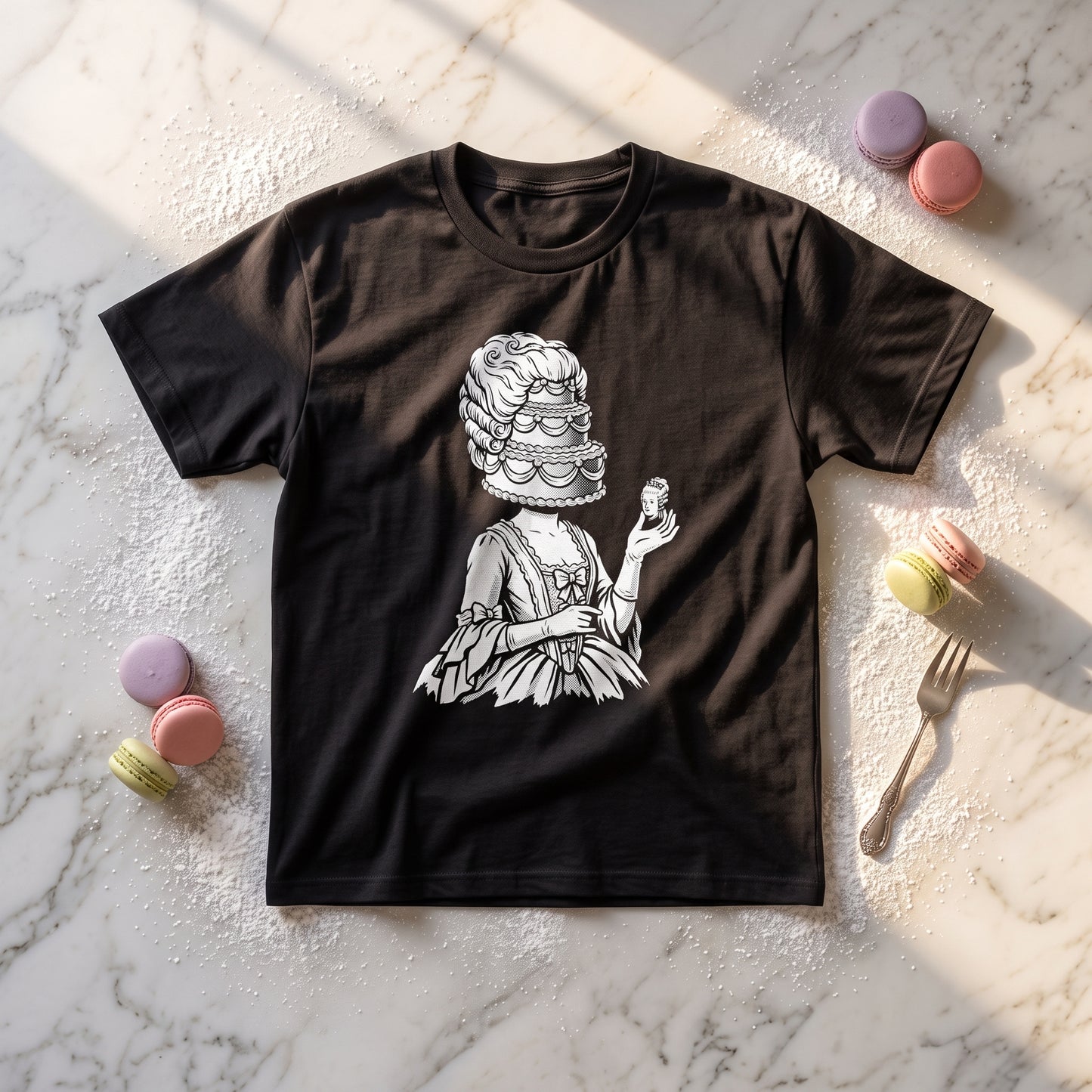 Marie Antoinette black graphic tee, styled flat lay