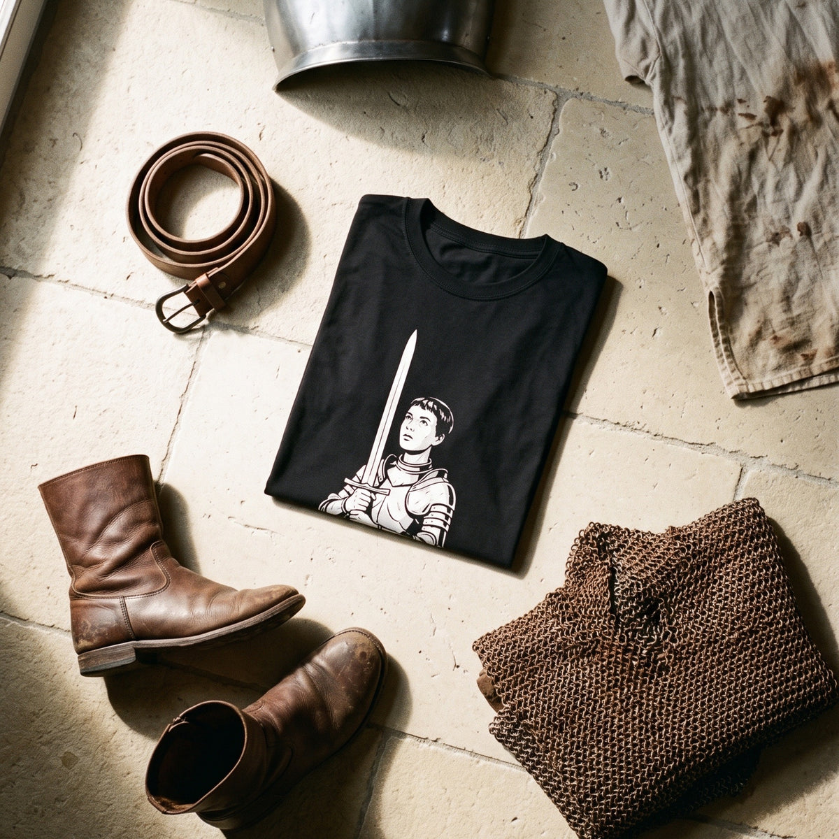 Jeanne d'Arc black graphic tee styled in a flat lay with matching pieces