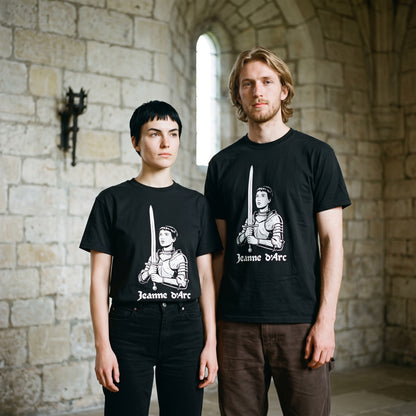 Two models wearing the Jeanne d'Arc black graphic tee