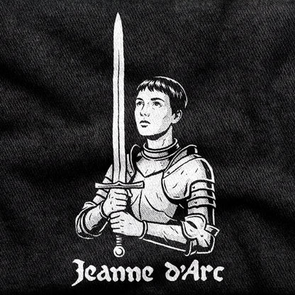 Jeanne d'Arc design printed on a black cotton tee, close-up