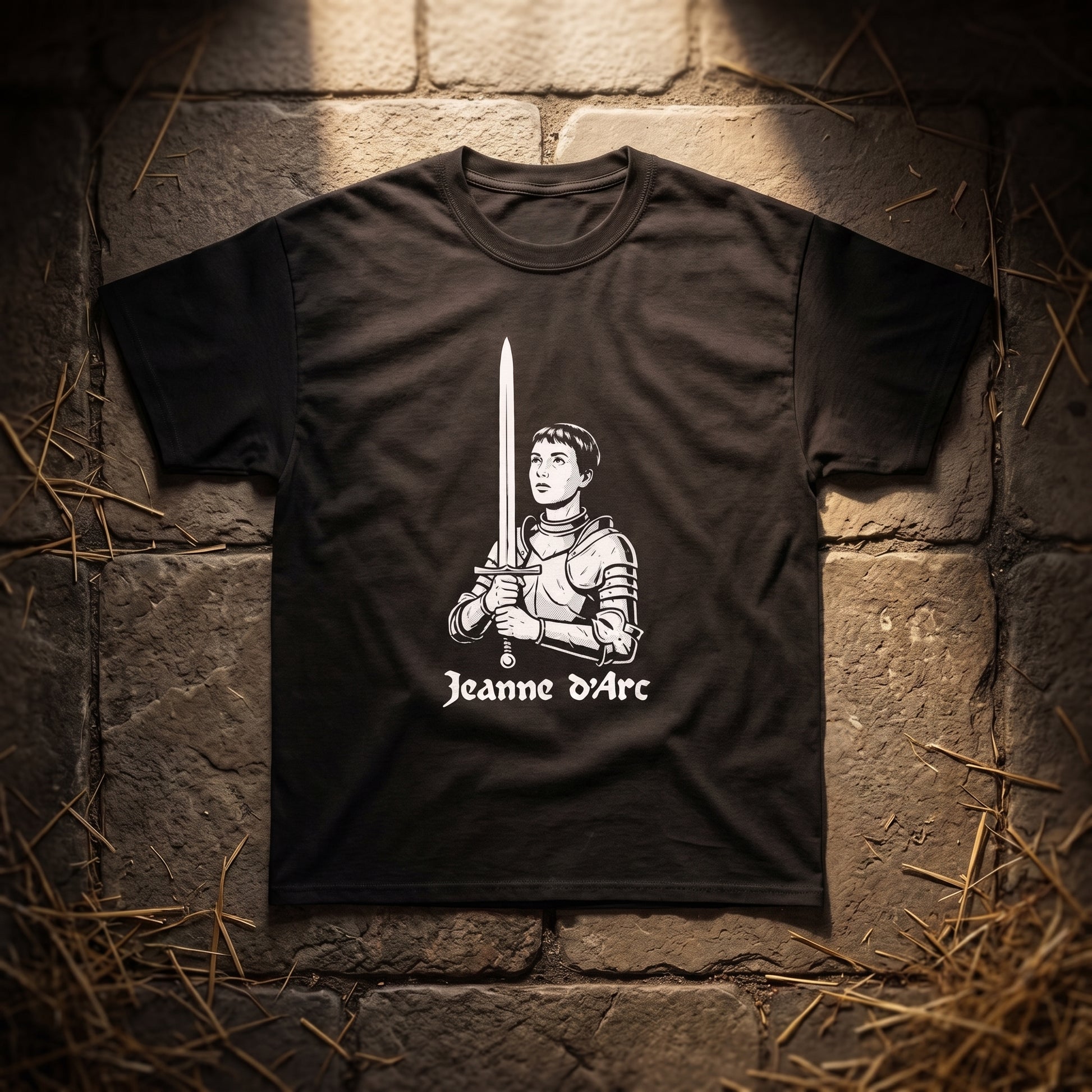 Jeanne d'Arc black graphic tee, styled flat lay