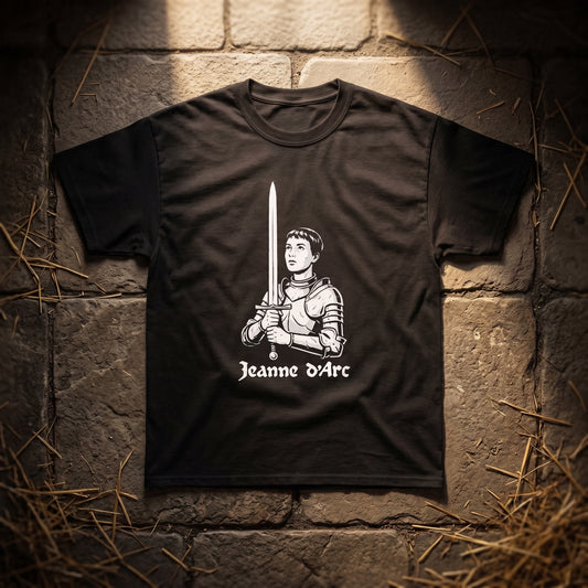 Jeanne d'Arc black graphic tee, styled flat lay