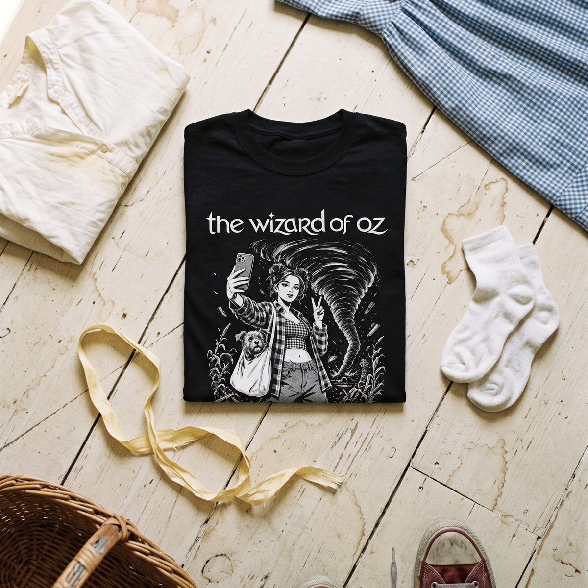 The Wizard of Oz black graphic tee styled in a flat lay with matching pieces