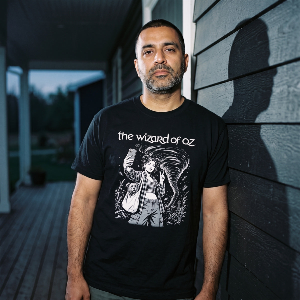 Man wearing the The Wizard of Oz black graphic tee
