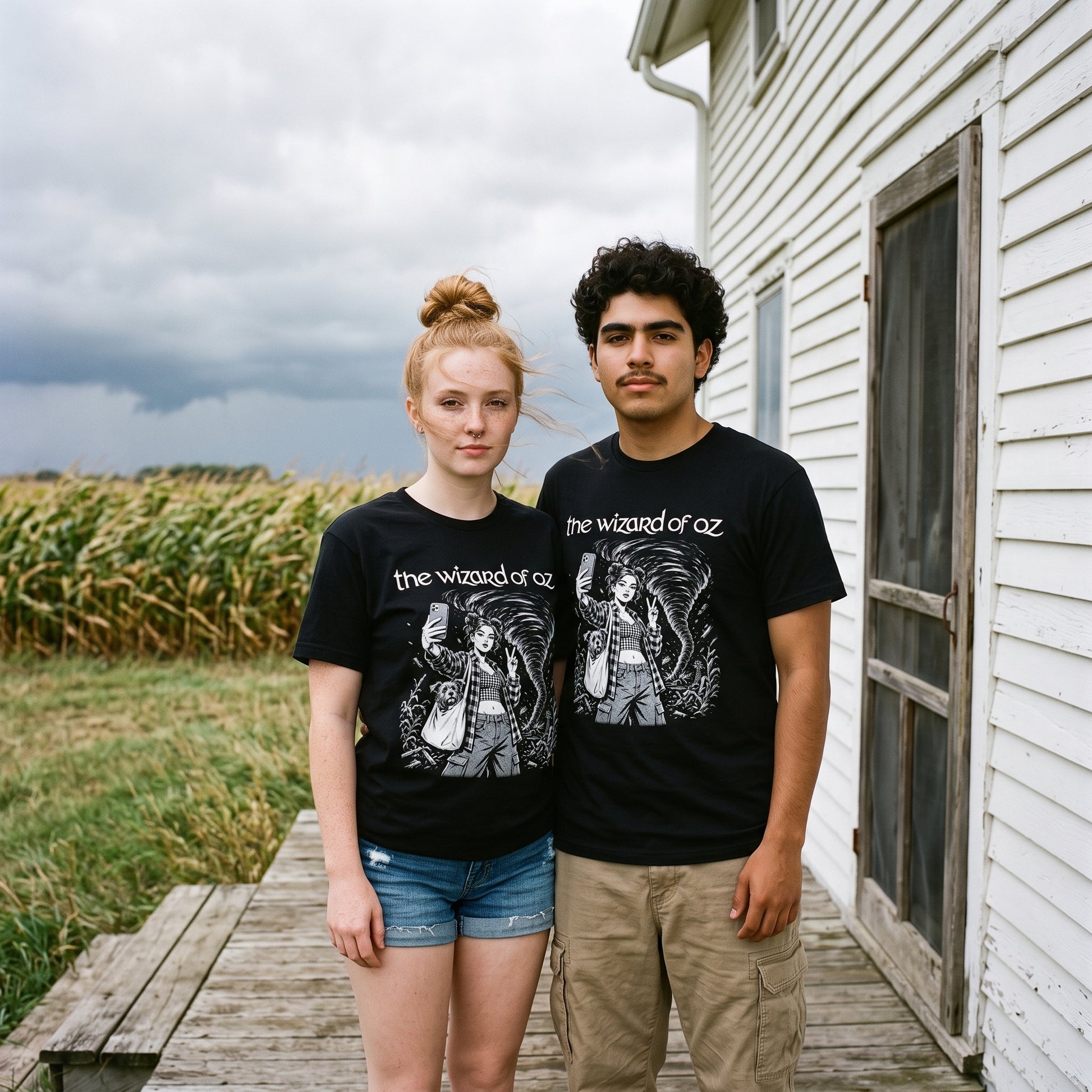 Two models wearing the The Wizard of Oz black graphic tee