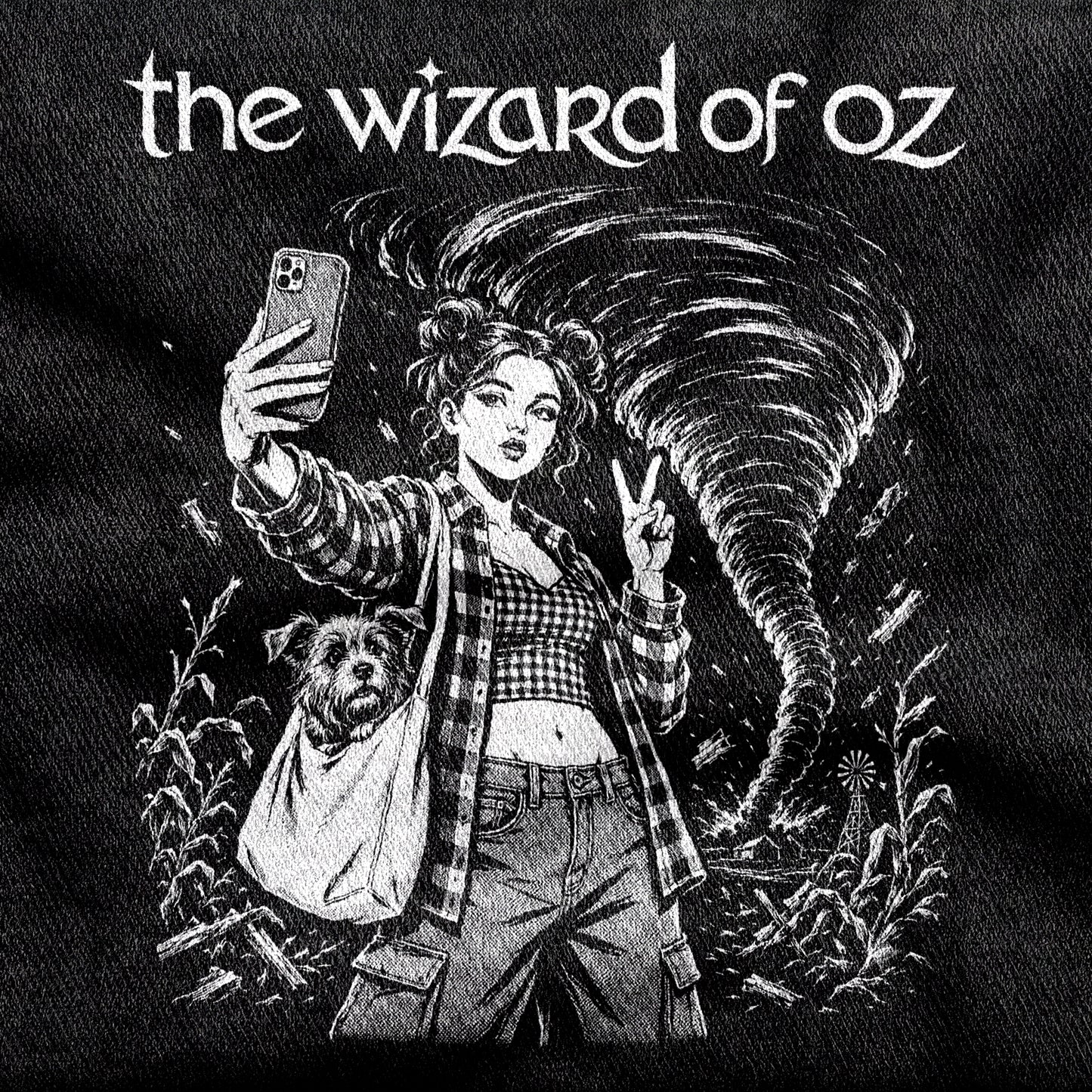 The Wizard of Oz design printed on a black cotton tee, close-up