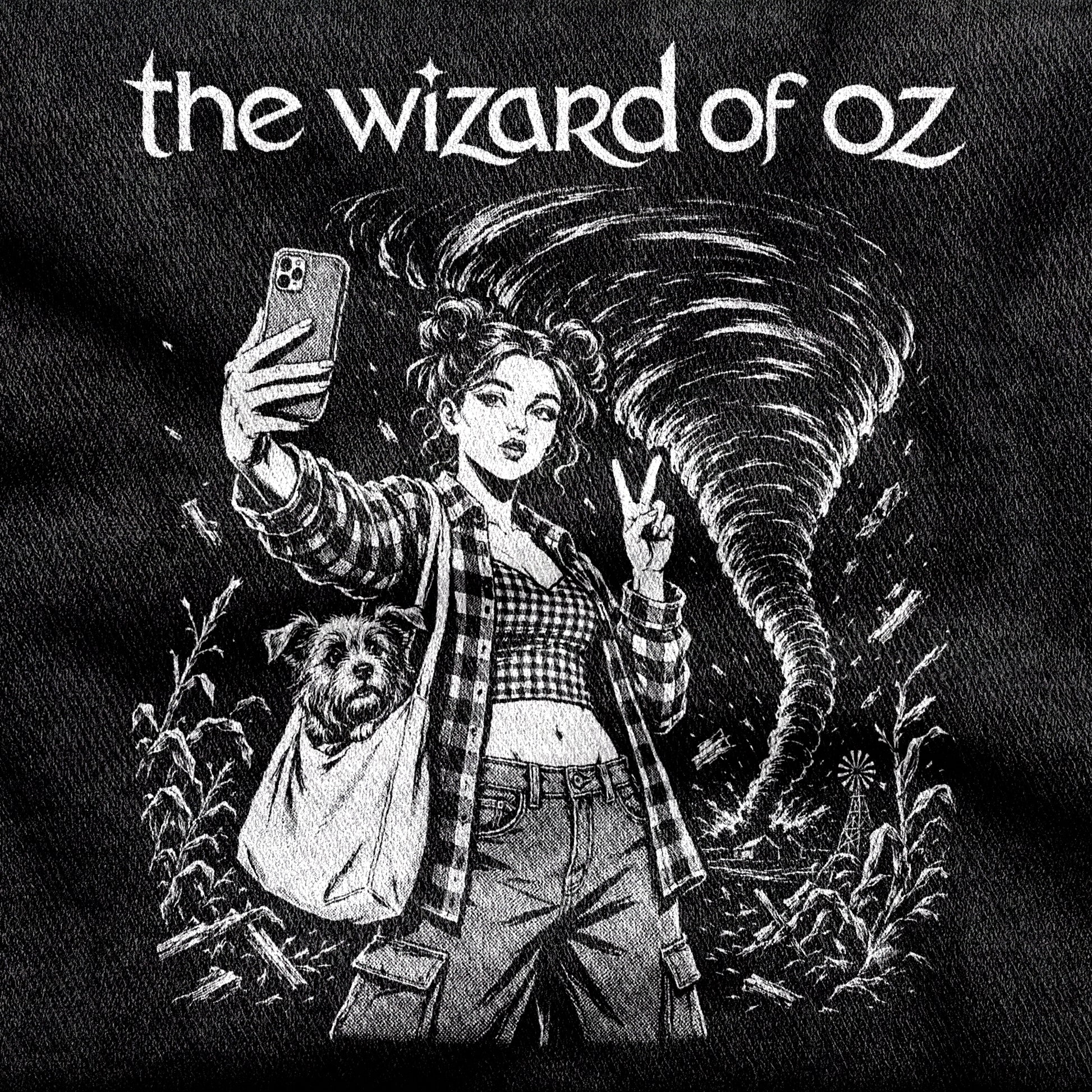 The Wizard of Oz design printed on a black cotton tee, close-up