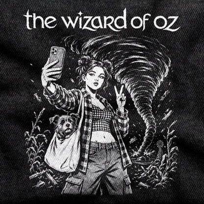 The Wizard of Oz design printed on a black cotton tee, close-up