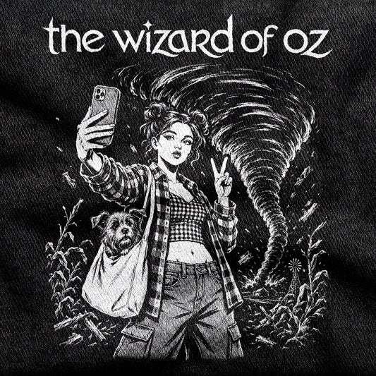 The Wizard of Oz design printed on a black cotton tee, close-up
