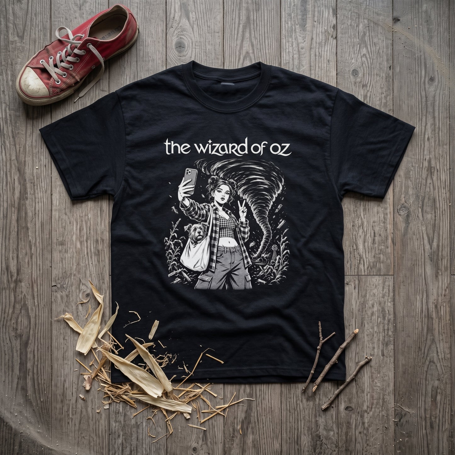 The Wizard of Oz black graphic tee, styled flat lay