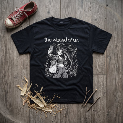 The Wizard of Oz black graphic tee, styled flat lay