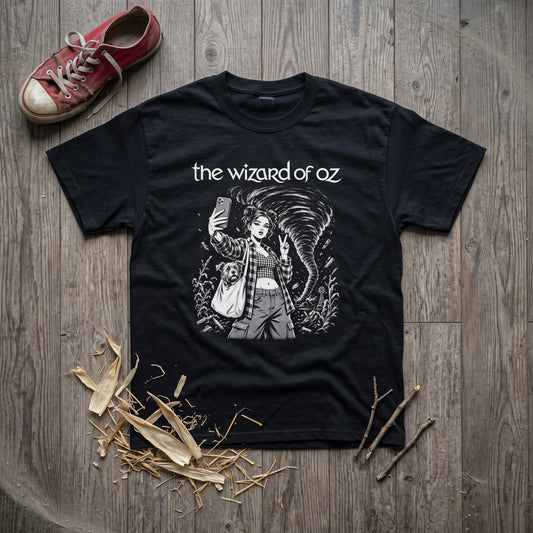 The Wizard of Oz black graphic tee, styled flat lay