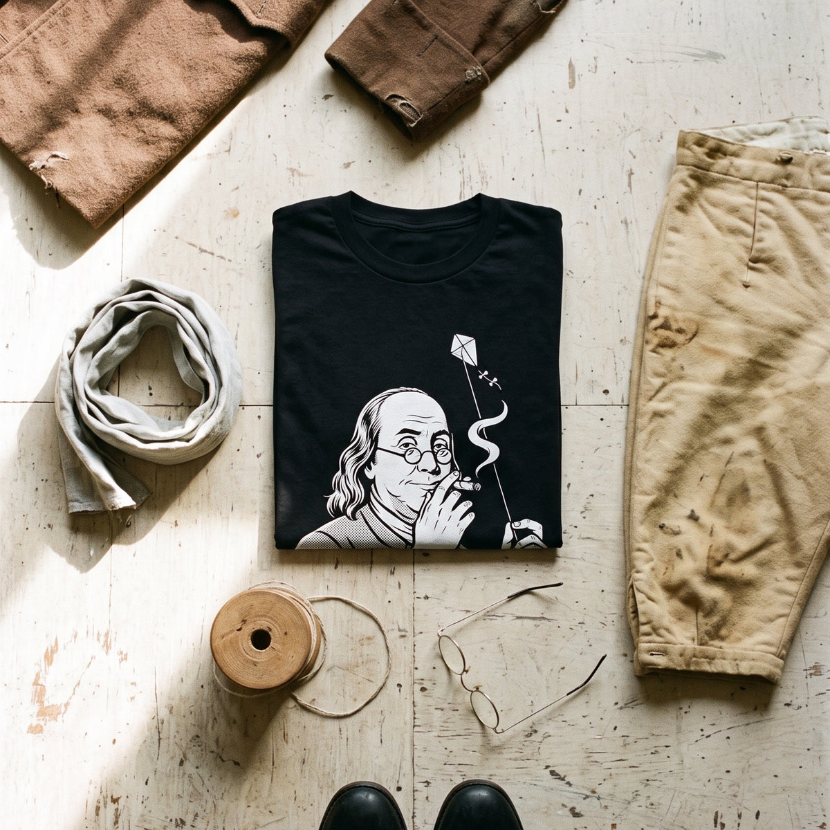 Benjamin Franklin High as a Kite black graphic tee styled in a flat lay with matching pieces