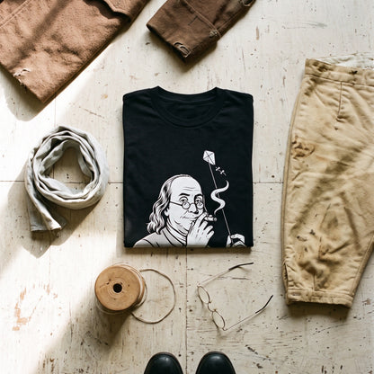 Benjamin Franklin High as a Kite black graphic tee styled in a flat lay with matching pieces