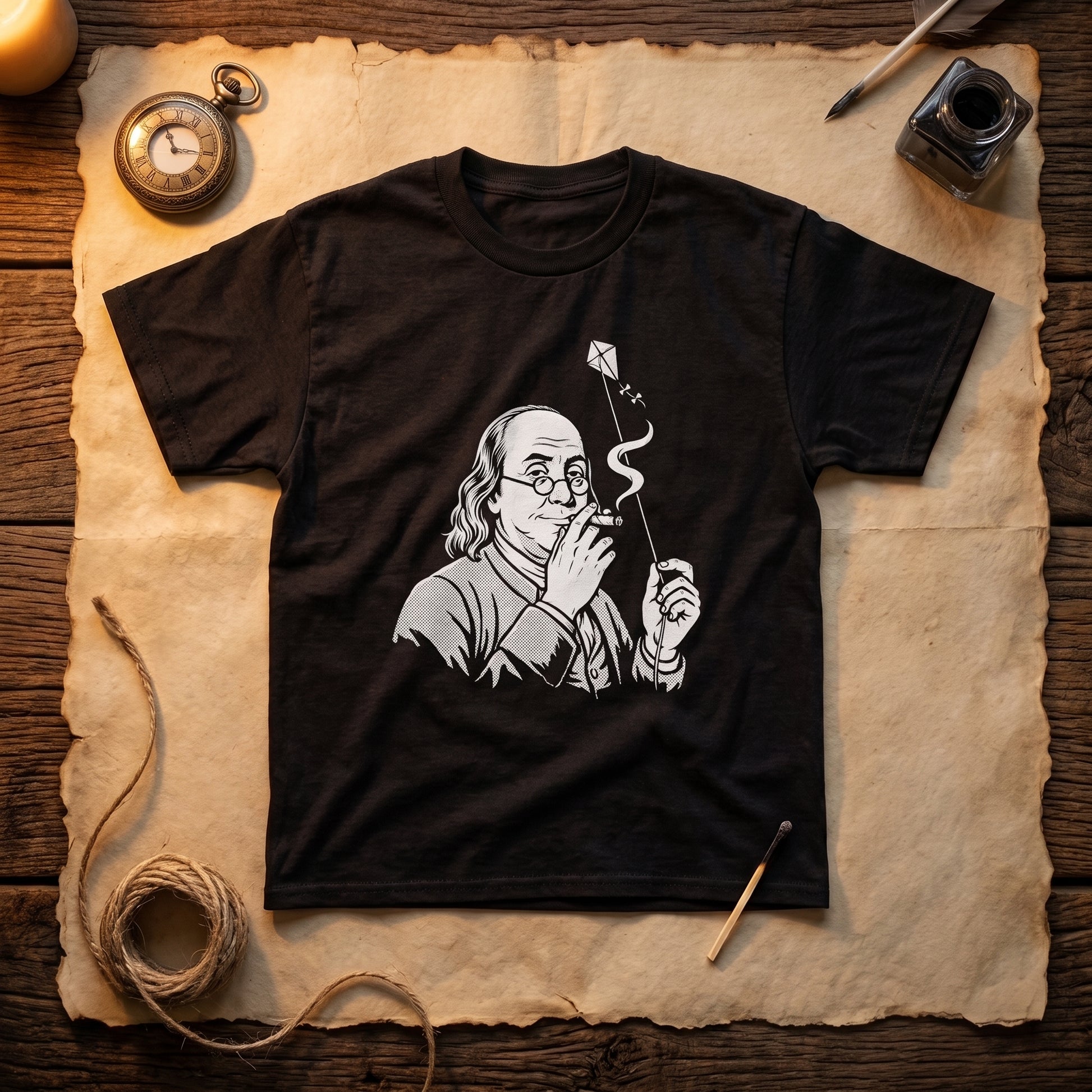 Benjamin Franklin High as a Kite black graphic tee, styled flat lay
