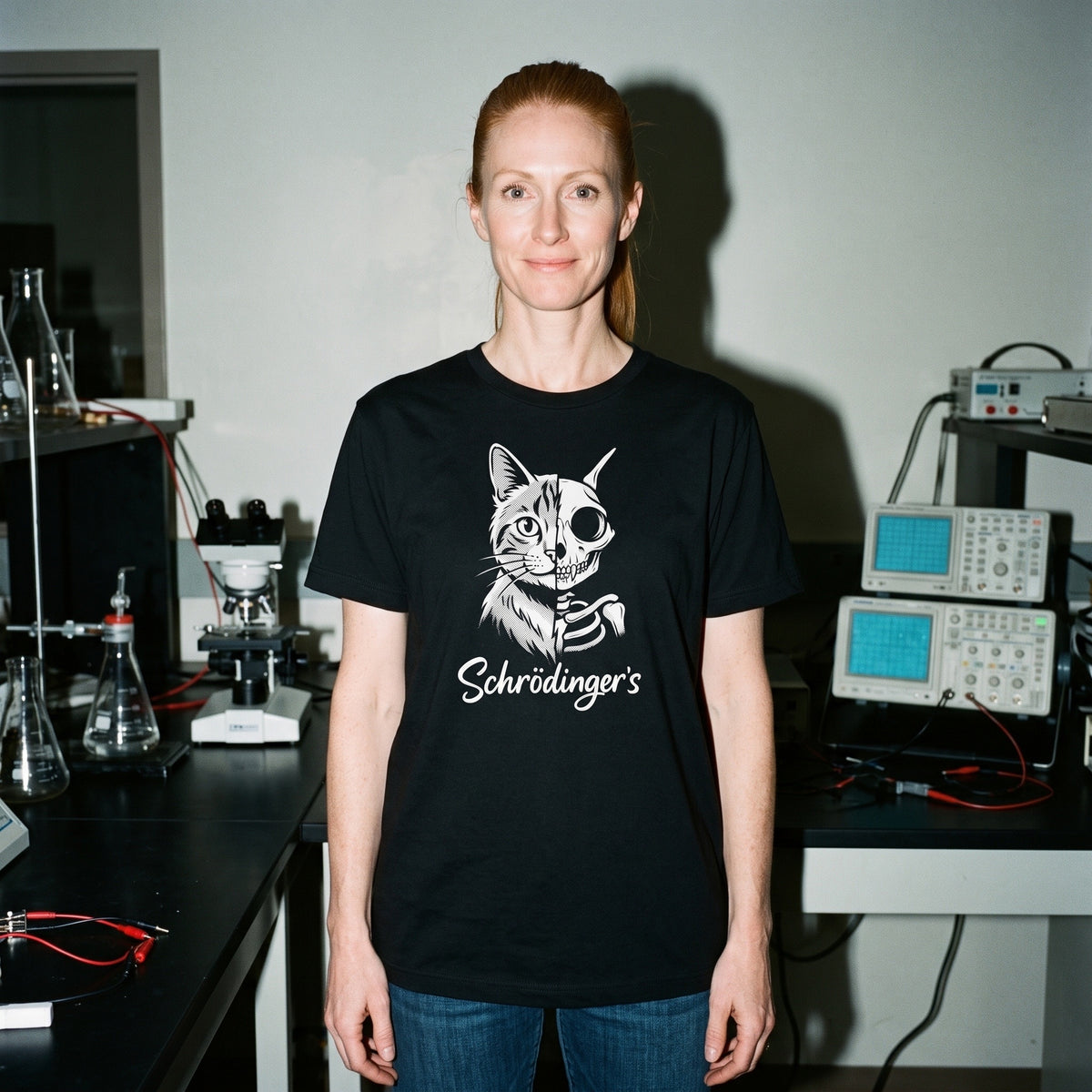 Woman wearing the Schrödinger's Cat black graphic tee
