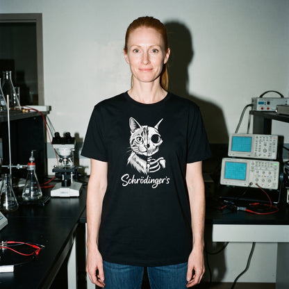 Woman wearing the Schrödinger's Cat black graphic tee