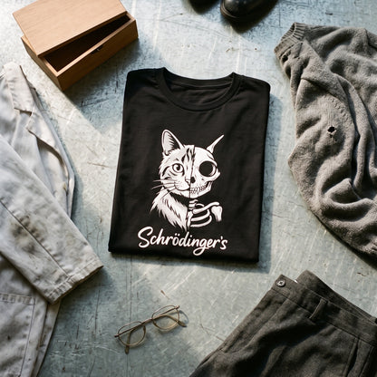 Schrödinger's Cat black graphic tee styled in a flat lay with matching pieces
