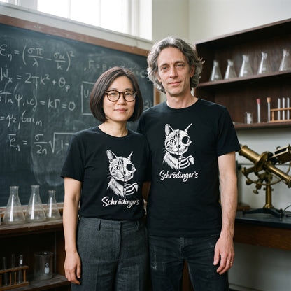 Two models wearing the Schrödinger's Cat black graphic tee