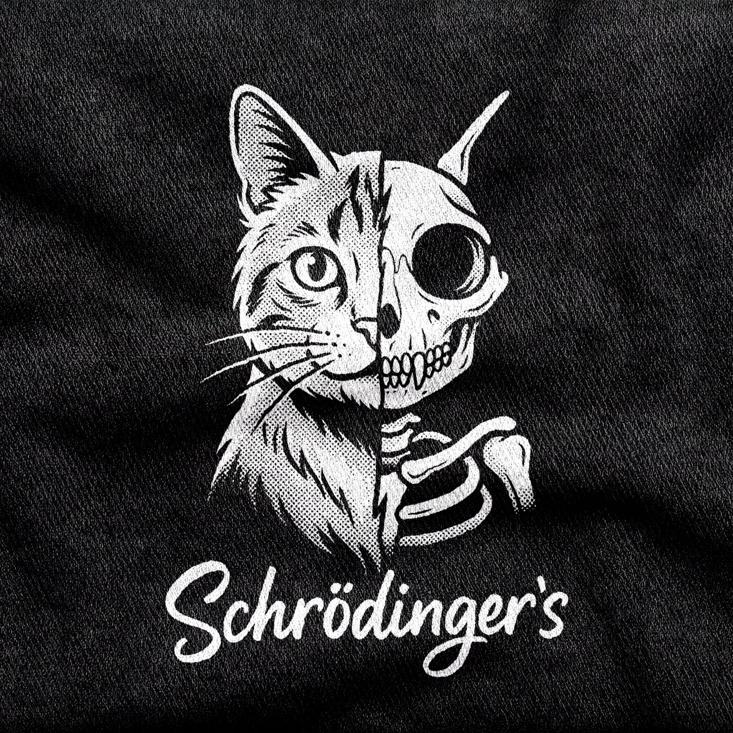 Schrödinger's Cat design printed on a black cotton tee, close-up