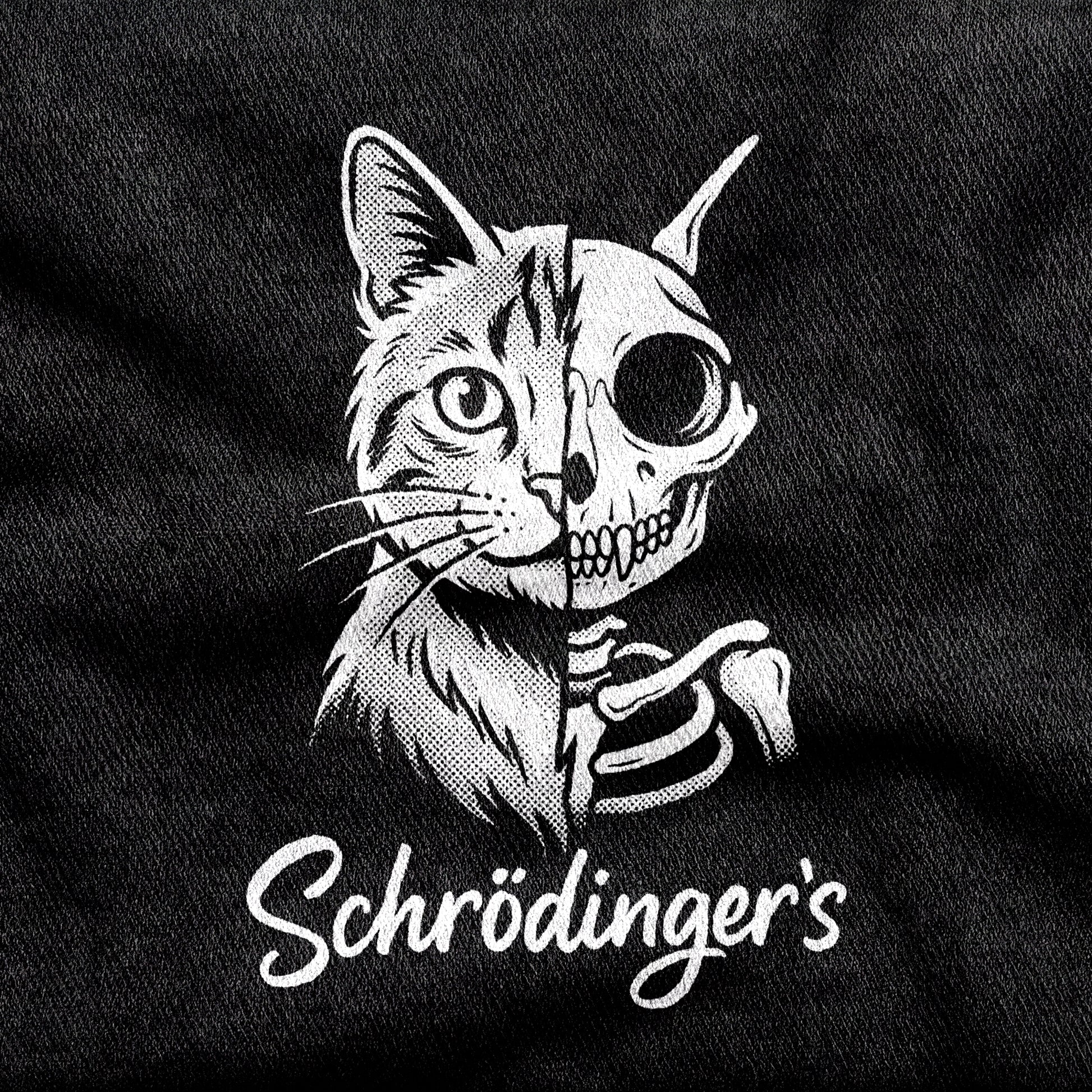 Schrödinger's Cat design printed on a black cotton tee, close-up
