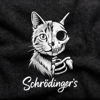 Schrödinger's Cat design printed on a black cotton tee, close-up