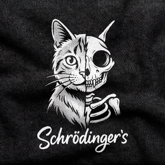 Schrödinger's Cat design printed on a black cotton tee, close-up