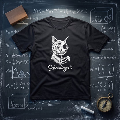 Schrödinger's Cat black graphic tee, styled flat lay