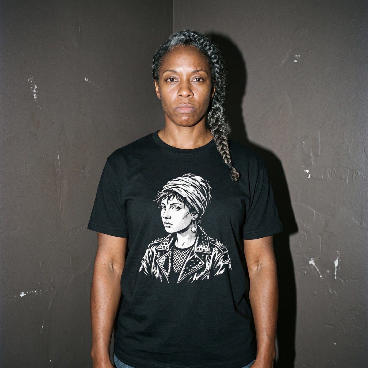 Woman wearing the Girl with a Pearl Earring black graphic tee