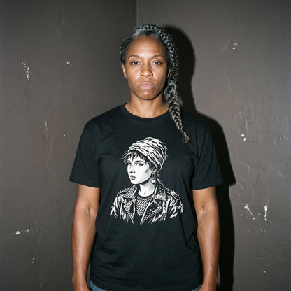 Woman wearing the Girl with a Pearl Earring black graphic tee