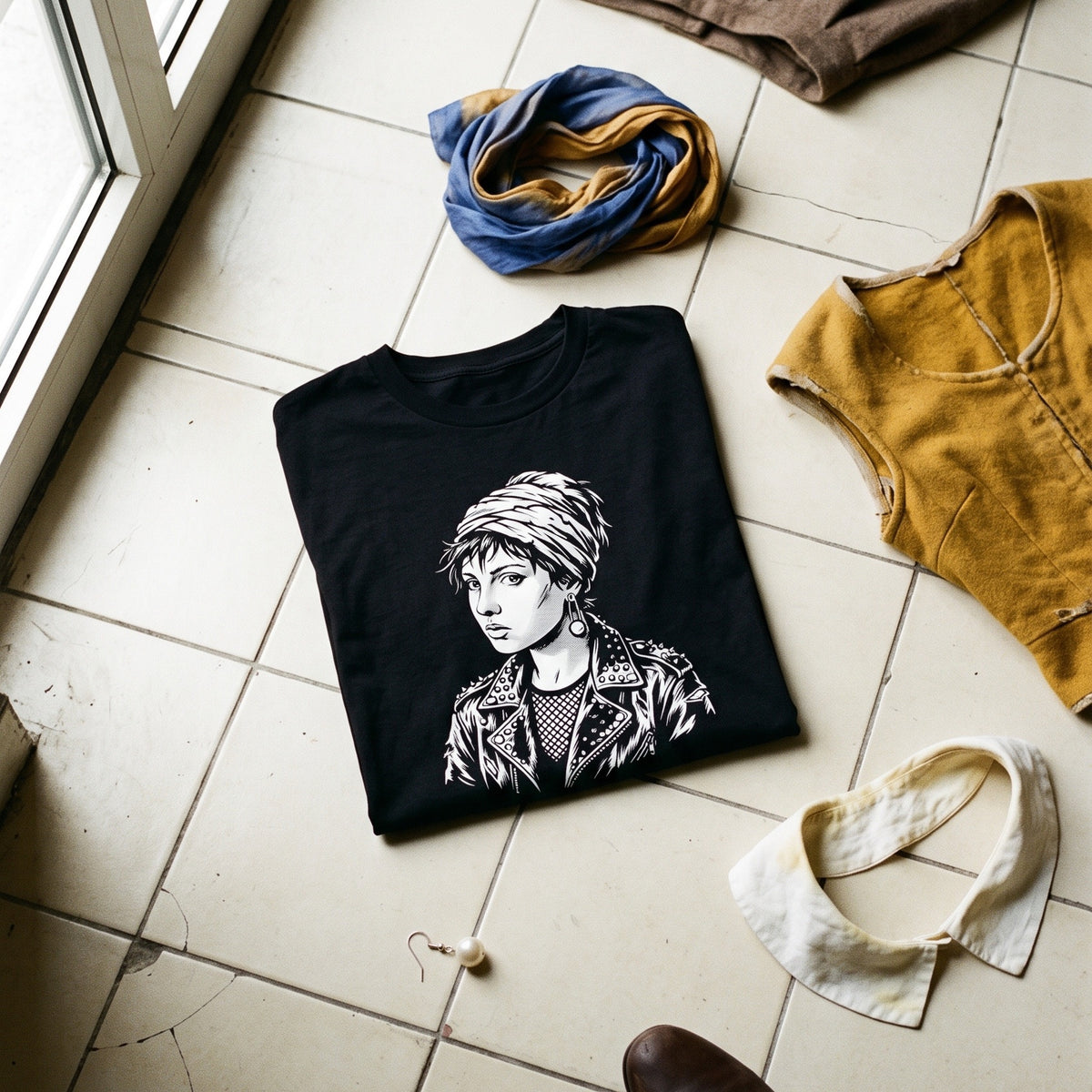 Girl with a Pearl Earring black graphic tee styled in a flat lay with matching pieces