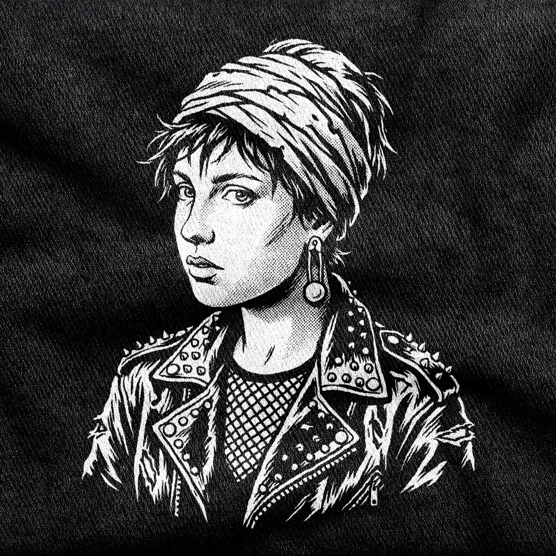 Girl with a Pearl Earring design printed on a black cotton tee, close-up
