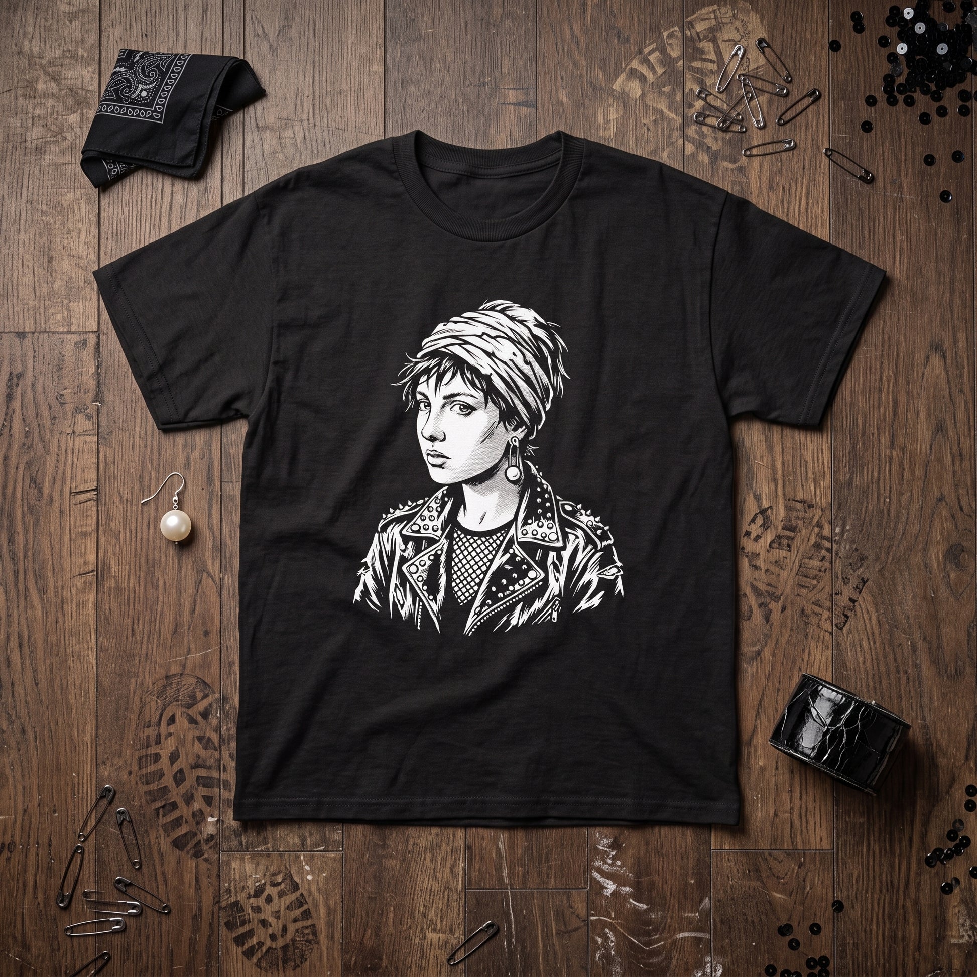Girl with a Pearl Earring black graphic tee, styled flat lay