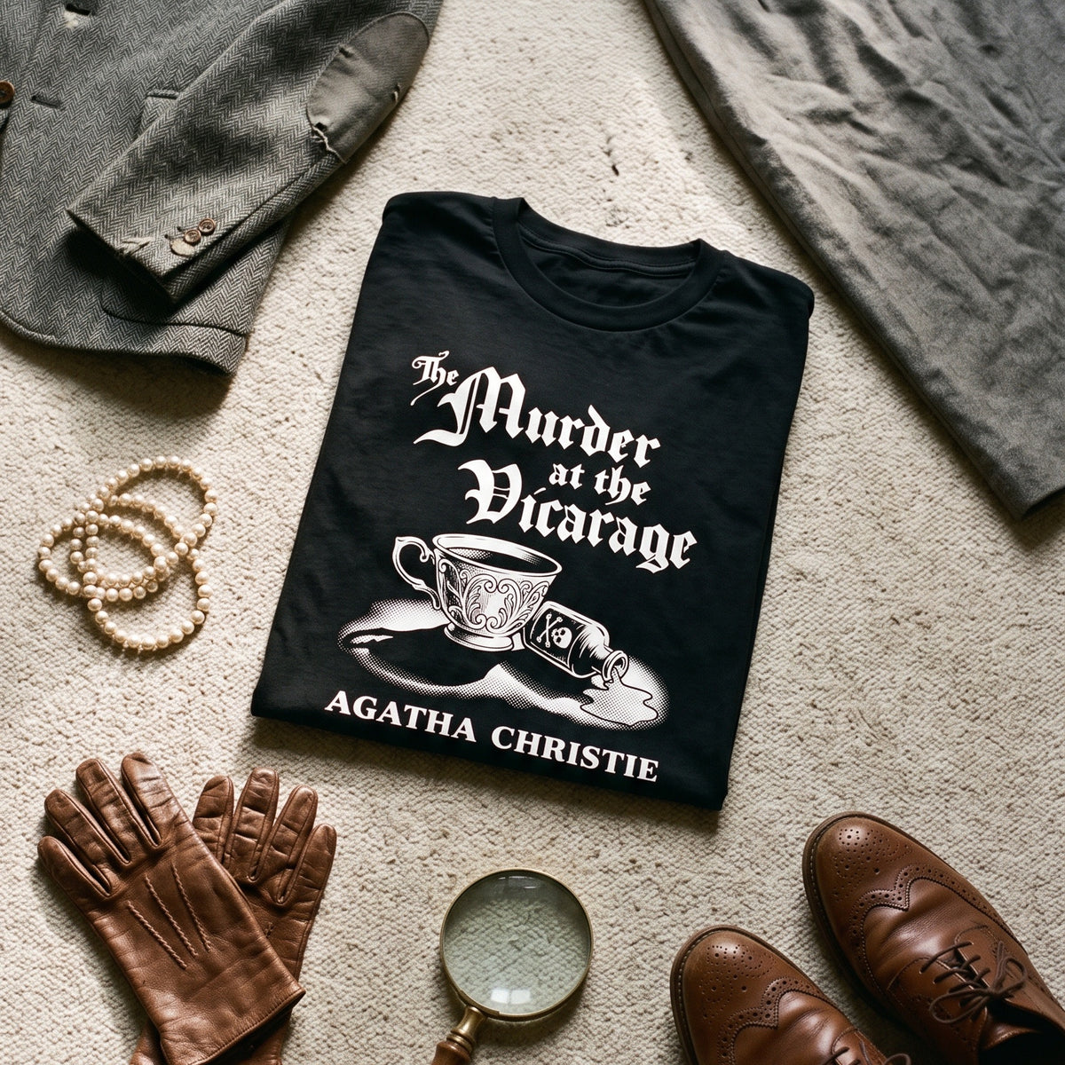 Murder at the Vicarage Agatha Christie black graphic tee styled in a flat lay with matching pieces